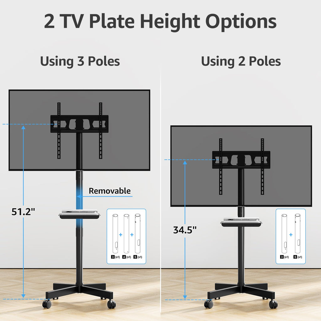 HOMOUNT Mobile TV Stand,Rolling TV Cart for 24-60" TVs, Portable TV Floor Stand with Wheels,Adjustable Shelf & Tilt,Max VESA 400x400mm,up to 77 lbs