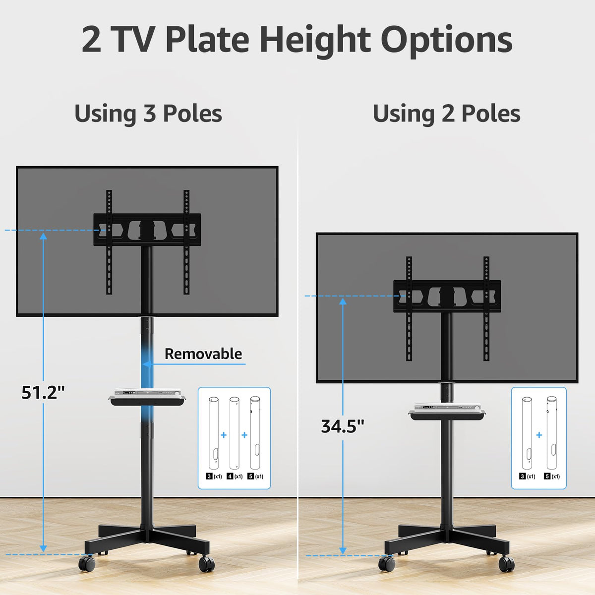HOMOUNT Mobile TV Stand,Rolling TV Cart for 24-60" TVs, Portable TV Floor Stand with Wheels,Adjustable Shelf & Tilt,Max VESA 400x400mm,up to 77 lbs