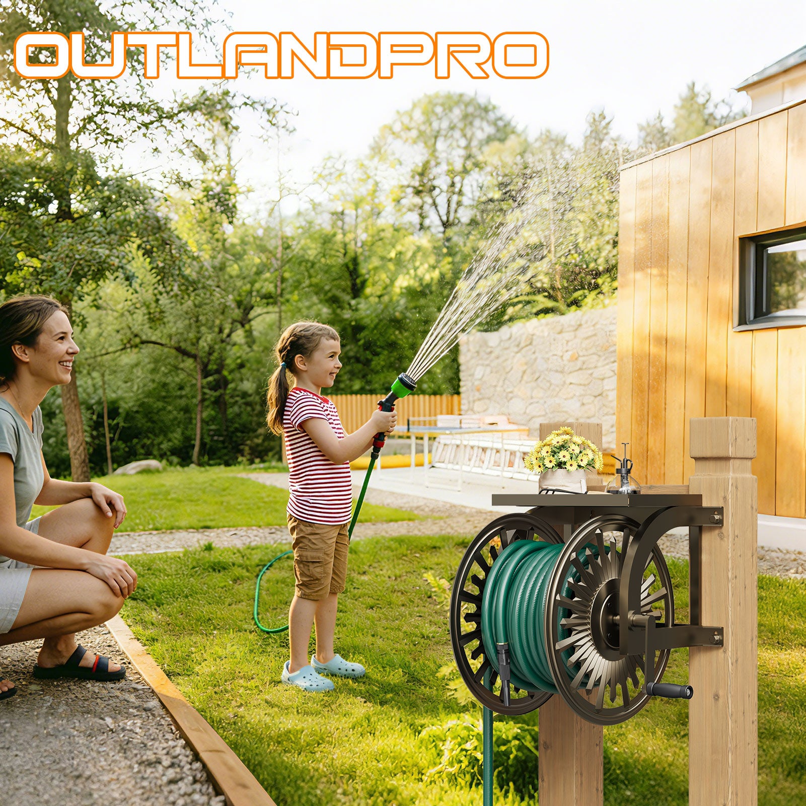 Outlandpro Wall Mounted Garden Hose Reel, Holds 200 ft 5/8-inch Manual Water Hose Winder, Heavy-Duty Steel