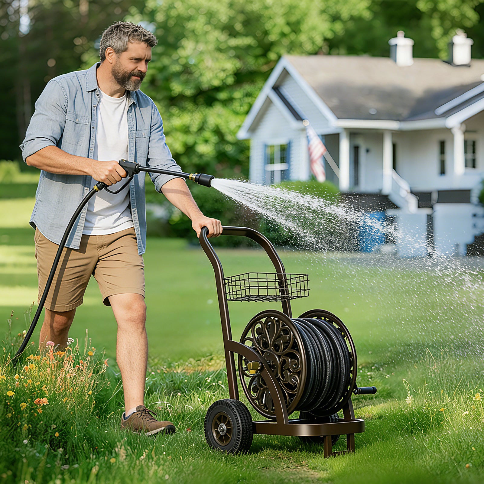 Outlandpro Hose Reel Cart Heavy Duty Powder-Coated Steel Outdoor Planting with Storage Basket