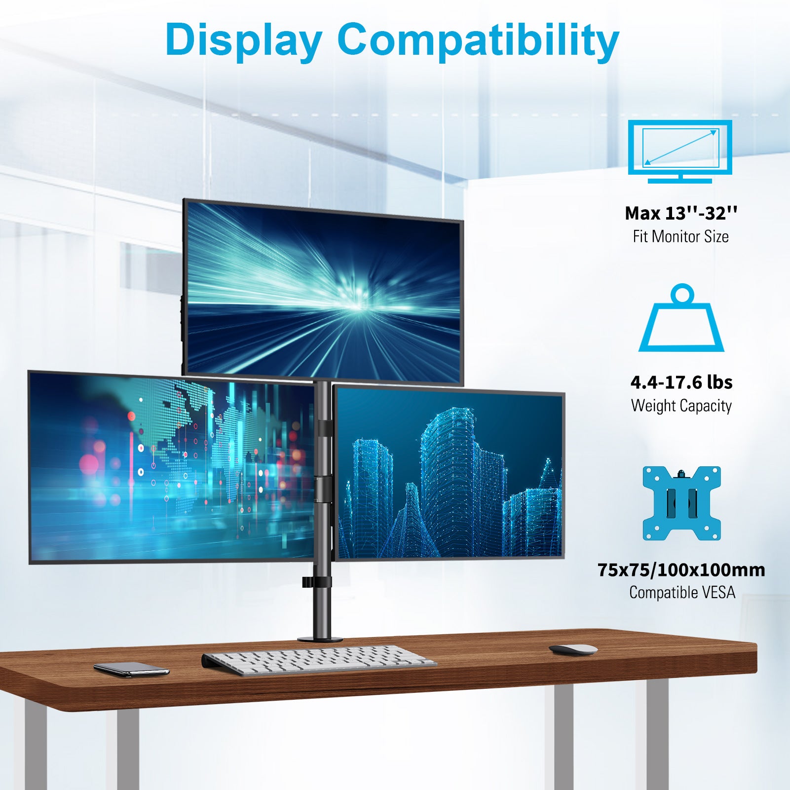 HOMOUNT Triple Monitor Stand, for 13-32 Inch Screens, Height Adjustable Monitor Desk Mount, Stacked Monitors Arm for 3 Monitors, up to 17.6lbs