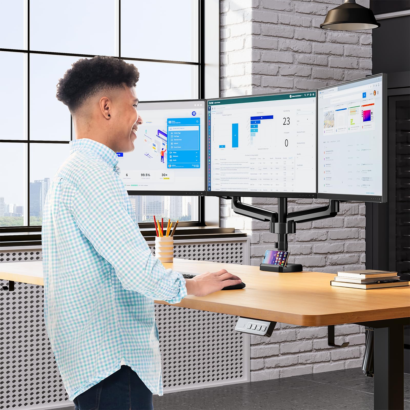 HOMOUNT Triple Monitor Mount for 3 Screens up to 32 Inch, Full Motion Gas Spring Triple Monitor Stand, Heavy Duty Monitor Arm Hold up to 19.8lbs Each