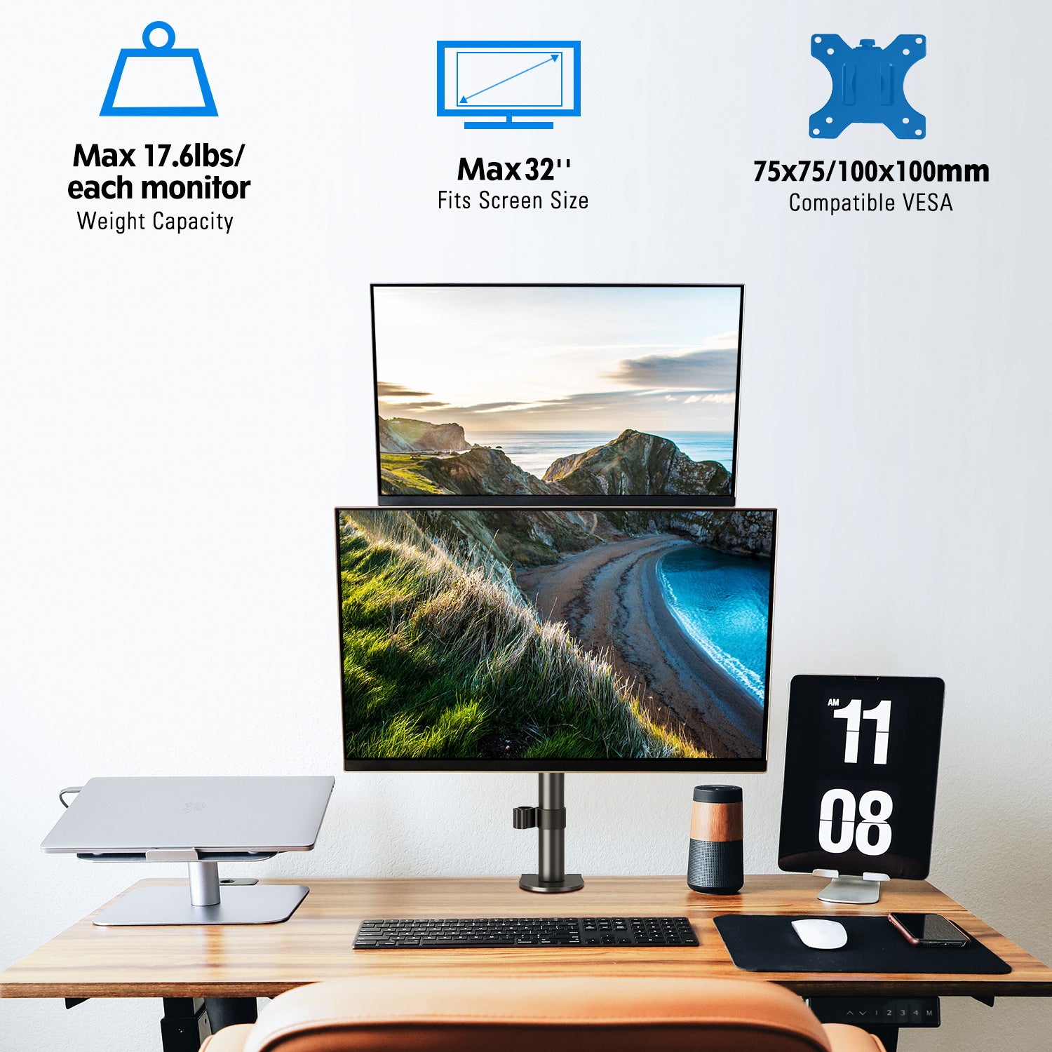 HOMOUNT Dual Monitor Stand, Vertical Monitor Desk Mount for 2 Max 32 inch Stack Screen Monitors, Height Adjustable, Swivel, Tilt, up to 17.6lbs