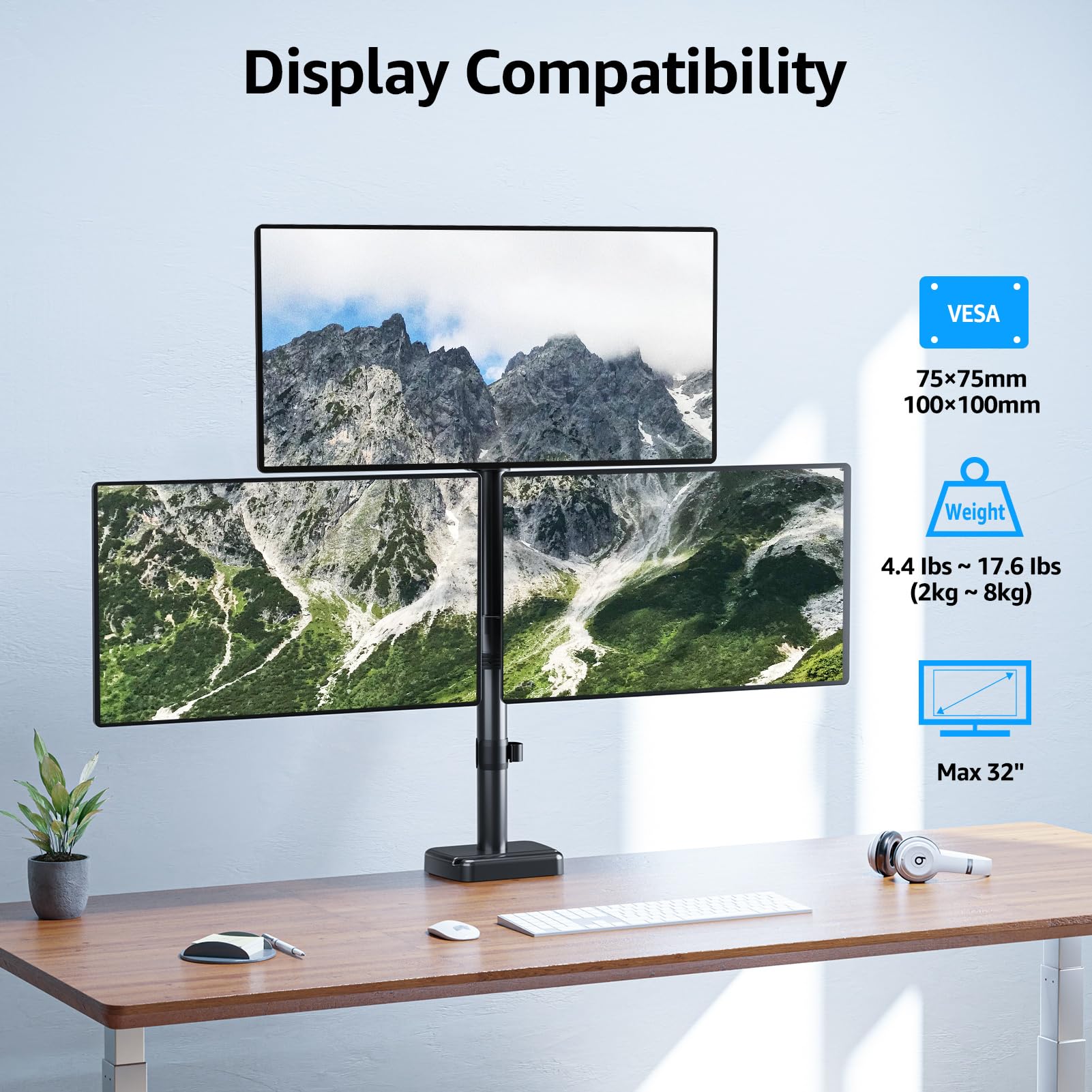 HOMOUNT Triple Monitor Mount Fits Max 32 Inch Screen, Holds 4.4-17.6lbs, 3 Monitors Desk Mount, Triple Monitor Stand for Desk, 75x75/100x100