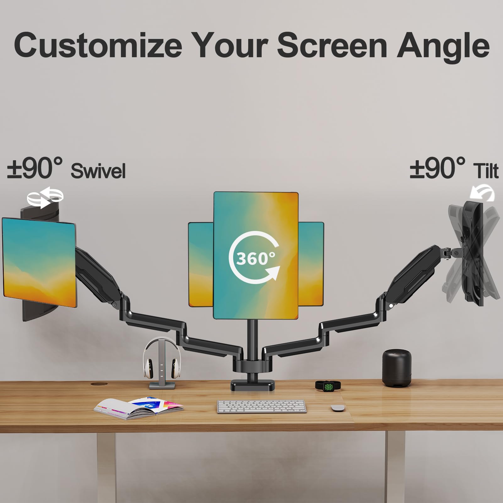 HOMOUNT Triple Monitor Mount for 3 Screens up to 32 Inch, Full Motion Gas Spring Triple Monitor Stand, Heavy Duty Monitor Arm Hold up to 19.8lbs Each
