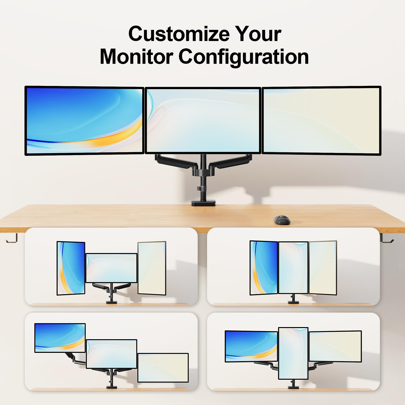 HOMOUNT Triple Monitor Mount for 3 Screens up to 32 Inch, Full Motion Gas Spring Triple Monitor Stand, Heavy Duty Monitor Arm Hold up to 19.8lbs Each