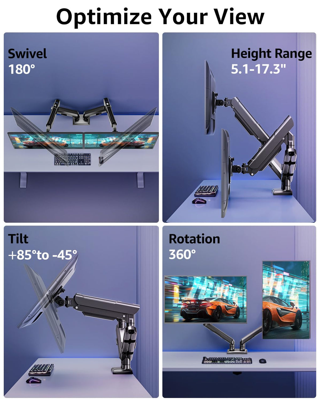 HOMOUNT Dual Monitor Mount for 13-32 inch Screens, Gas Spring Monitor Stand for 2 Monitor, Full Adjustable Monitors Desk Mount with C-Clamp＆Grommet Base, Each Arm Holds Max 22 lbs