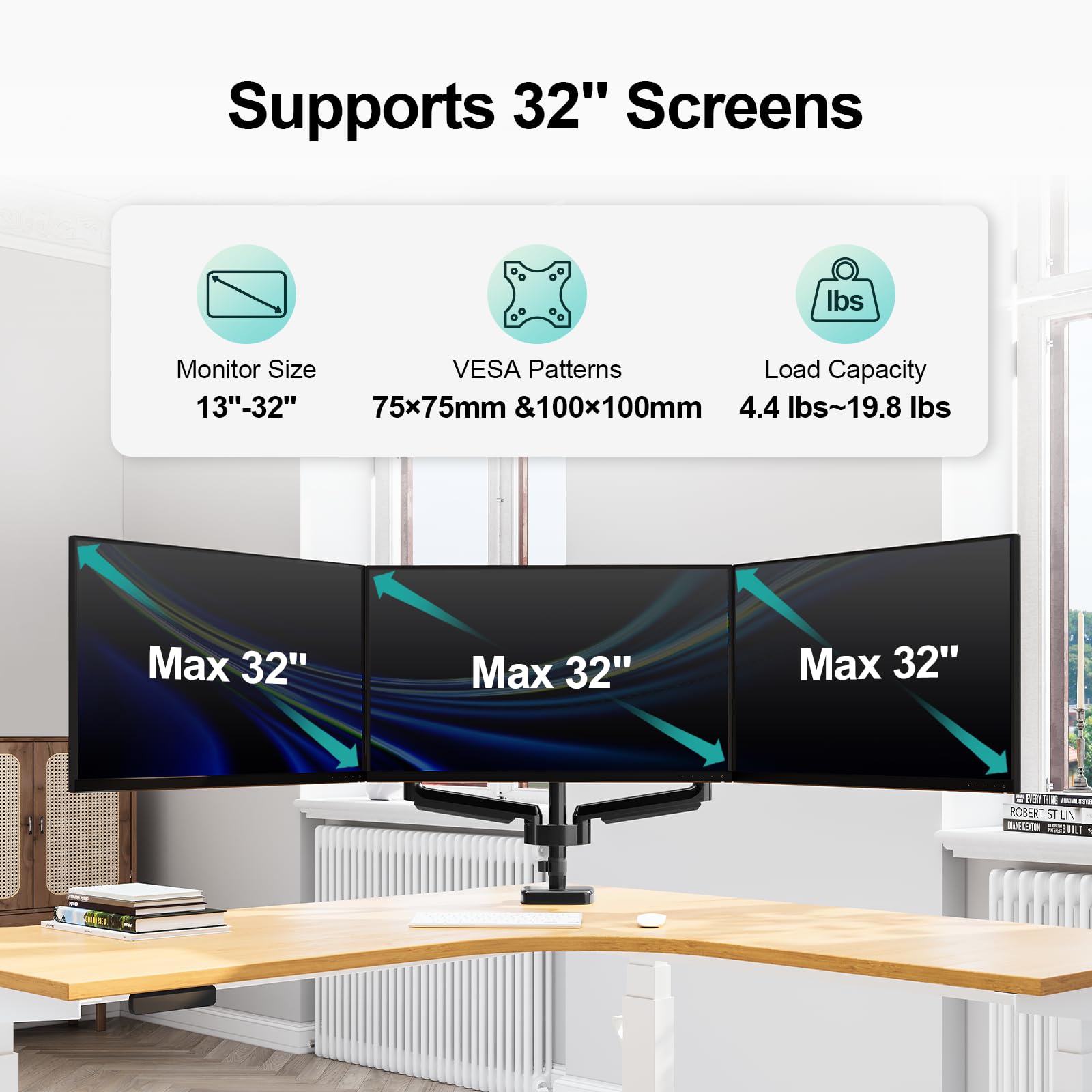 HOMOUNT Triple Monitor Mount for 3 Screens up to 32 Inch, Full Motion Gas Spring Triple Monitor Stand, Heavy Duty Monitor Arm Hold up to 19.8lbs Each