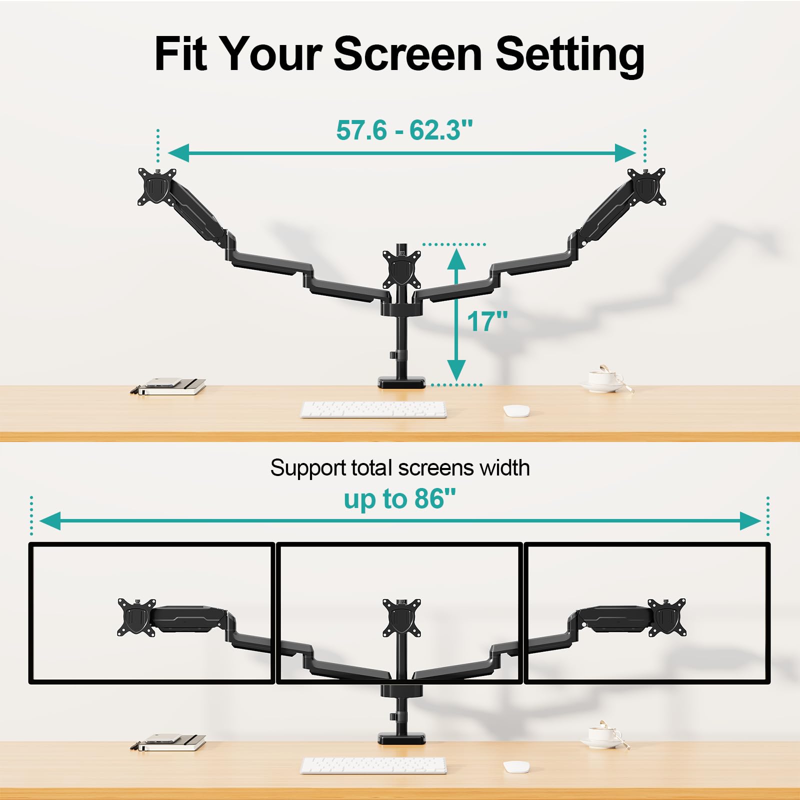 HOMOUNT Triple Monitor Mount for 3 Screens up to 32 Inch, Full Motion Gas Spring Triple Monitor Stand, Heavy Duty Monitor Arm Hold up to 19.8lbs Each