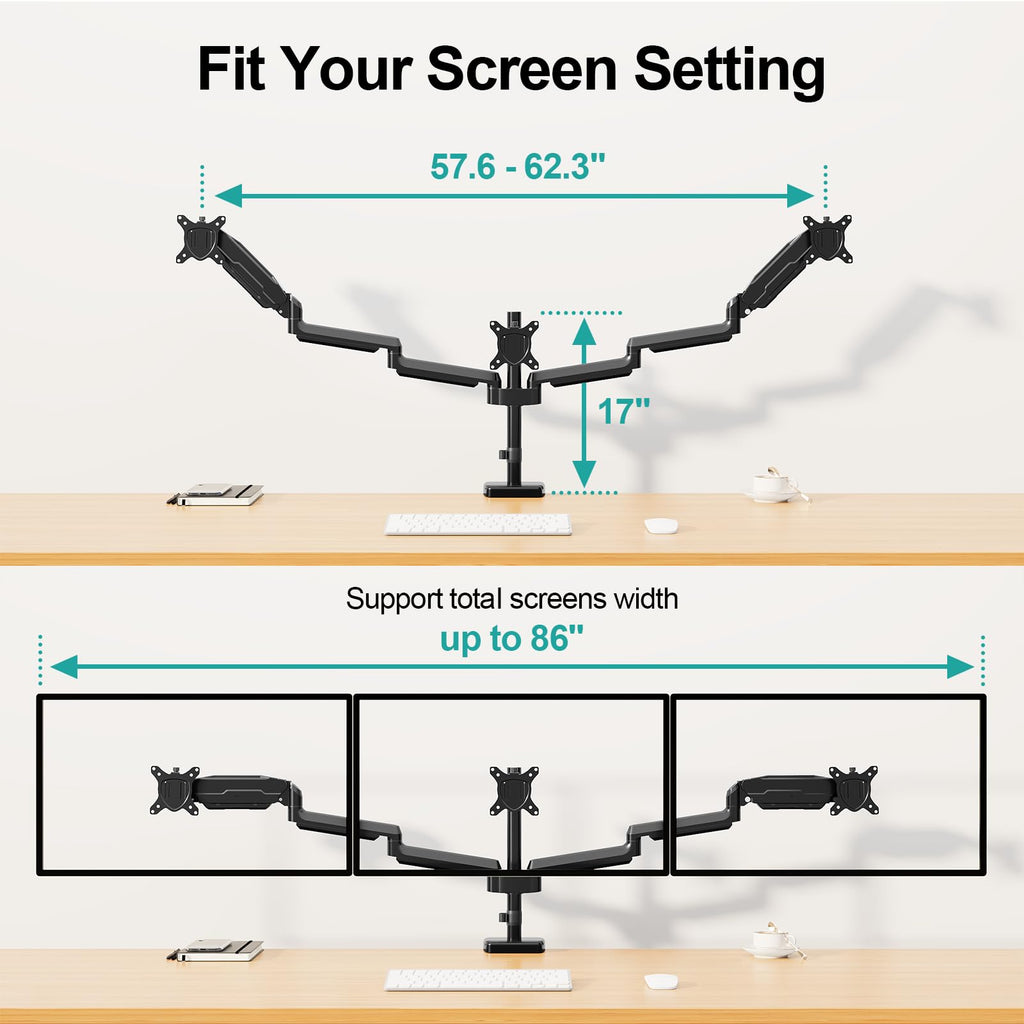 HOMOUNT Triple Monitor Mount for 3 Screens up to 32 Inch, Full Motion Gas Spring Triple Monitor Stand, Heavy Duty Monitor Arm Hold up to 19.8lbs Each